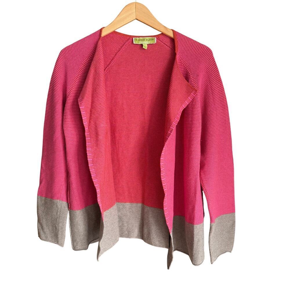 Sigrid Olson Cashmere Blend Open Front Striped Cardigan Pink Brown Size M Preppy